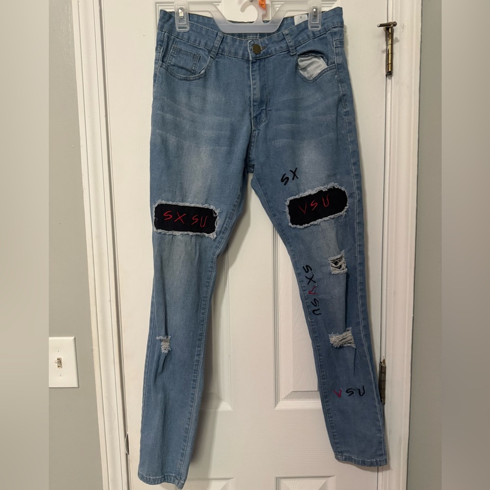 SHEIN Blue Distressed Skinny Jeans
